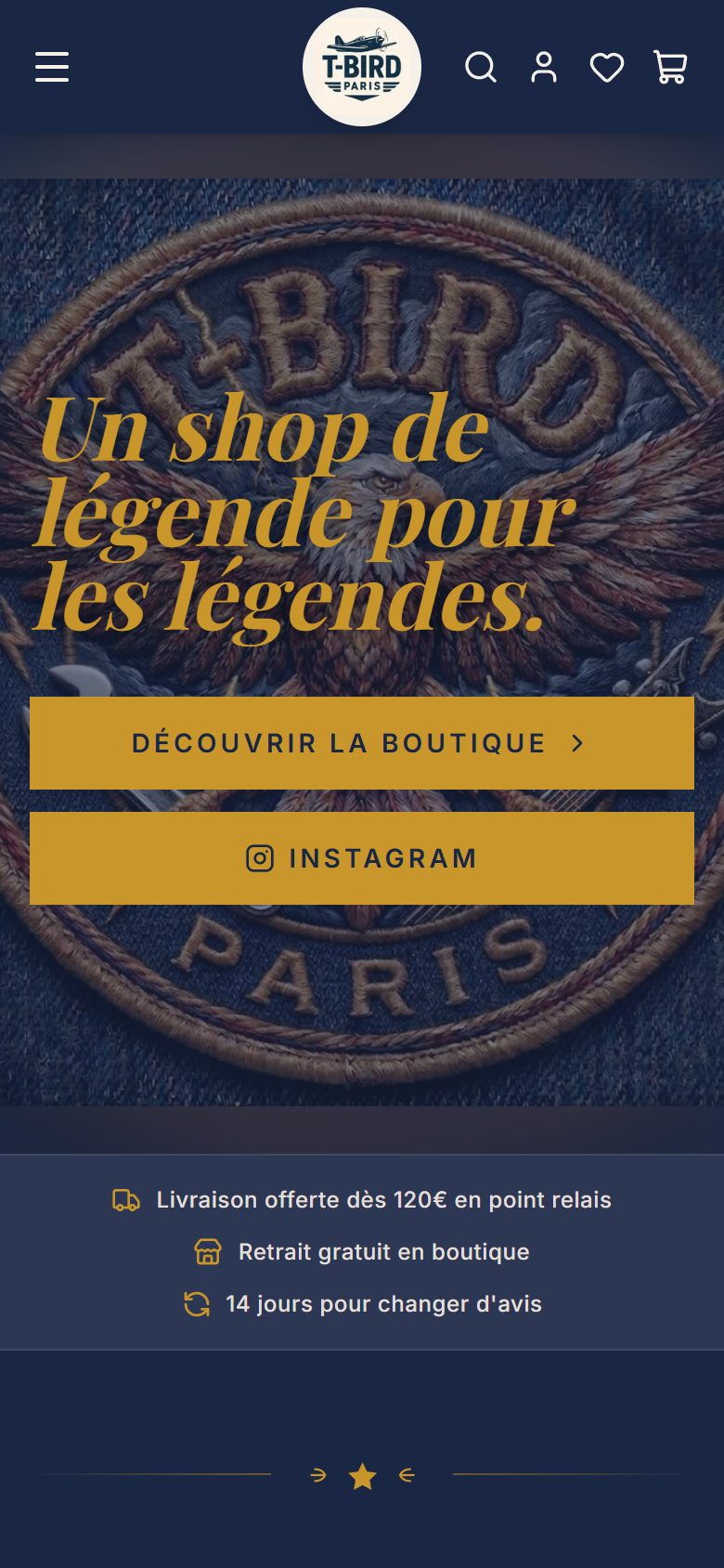 Page d’accueil de T-Bird Paris sur téléphone