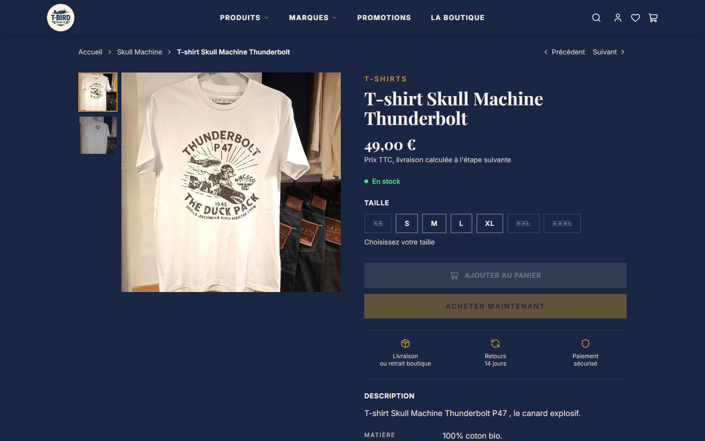 Fiche d’un t-shirt sur ordinateur : photos, prix, tailles et boutons d’achat